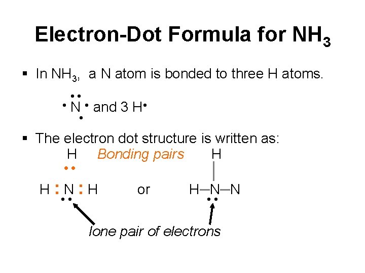 Electron-Dot Formula for NH 3 § In NH 3, a N atom is bonded
