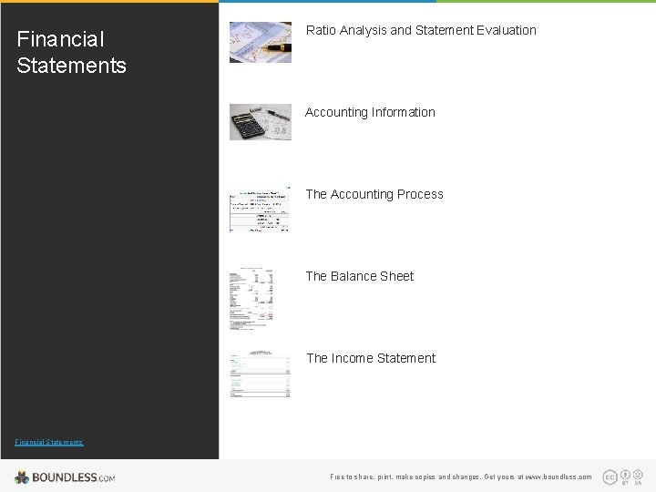 Financial Statements Ratio Analysis and Statement Evaluation Accounting Information The Accounting Process The Balance