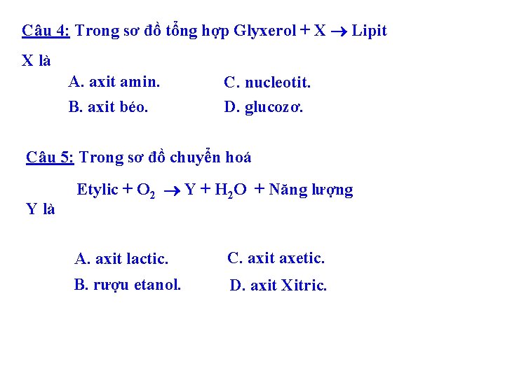 Câu 4: Trong sơ đồ tổng hợp Glyxerol + X Lipit X là A.