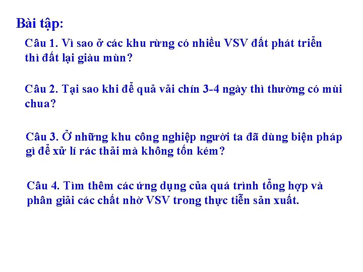 Bài tập: Câu 1. Vì sao ở các khu rừng có nhiều VSV đất