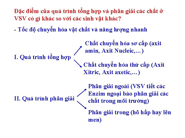 Đặc điểm của quá trình tổng hợp và phân giải các chất ở VSV