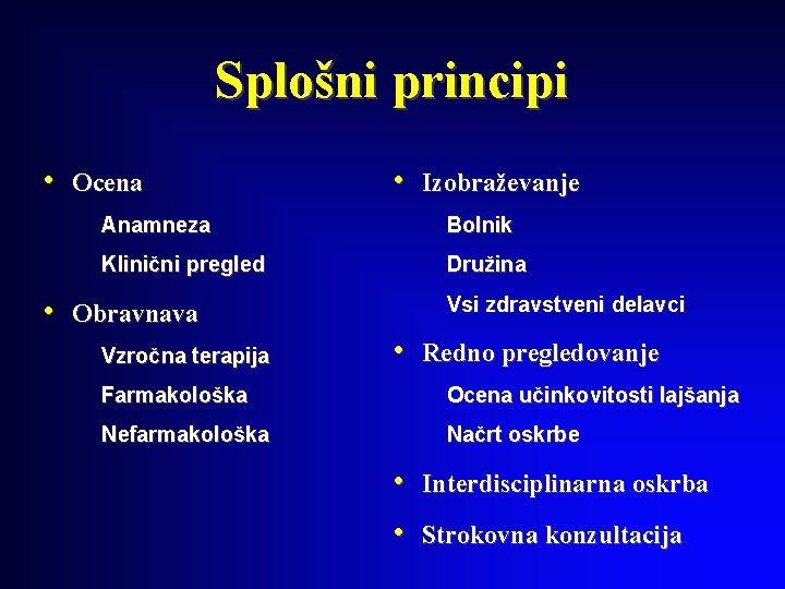 Splošni principi • Ocena • Izobraževanje Anamneza Bolnik Klinični pregled Družina • Obravnava Vzročna