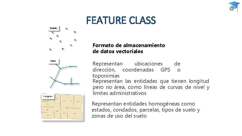 FEATURE CLASS Formato de almacenamiento de datos vectoriales Representan ubicaciones de dirección, coordenadas GPS