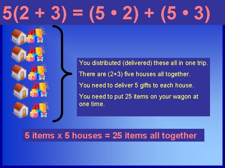 5(2 + 3) = (5 • 2) + (5 • 3) You distributed (delivered)