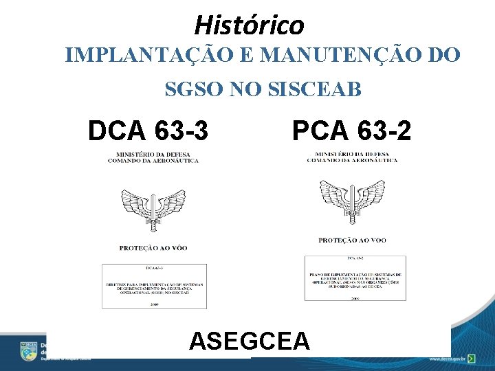 Histórico IMPLANTAÇÃO E MANUTENÇÃO DO SGSO NO SISCEAB DCA 63 -3 PCA 63 -2