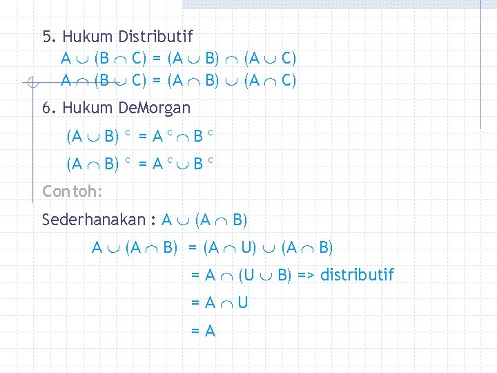 5. Hukum Distributif A (B C) = (A B) (A C) 6. Hukum De.