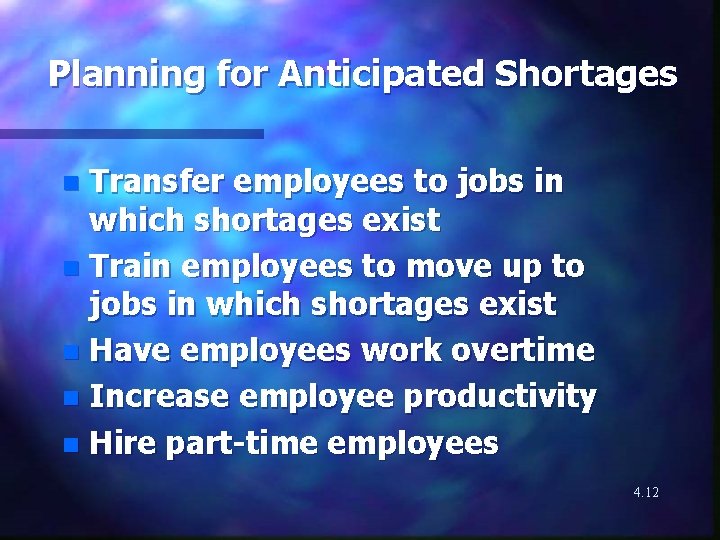 Planning for Anticipated Shortages Transfer employees to jobs in which shortages exist n Train