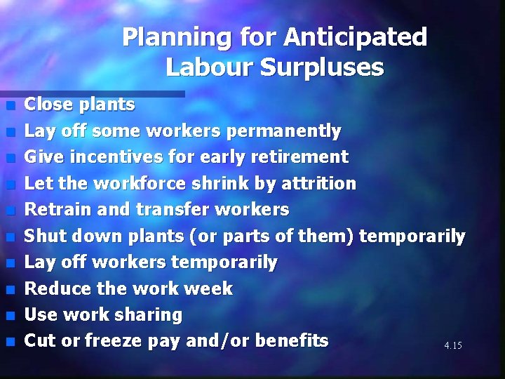 Planning for Anticipated Labour Surpluses n n n n n Close plants Lay off