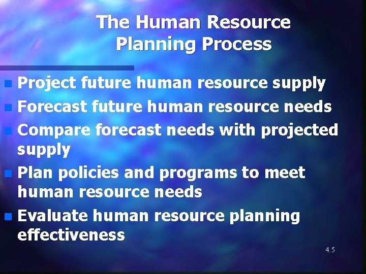 The Human Resource Planning Process Project future human resource supply n Forecast future human