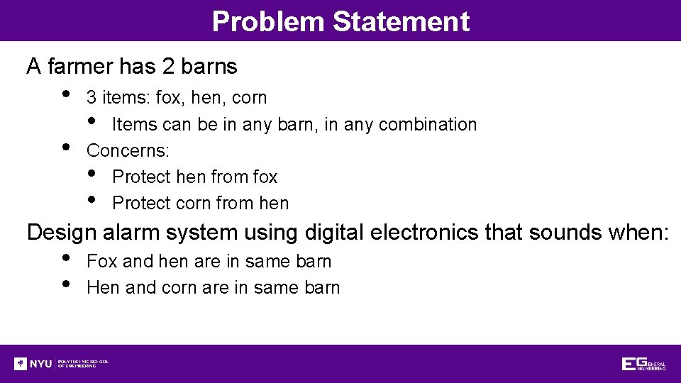 Problem Statement A farmer has 2 barns • • 3 items: fox, hen, corn