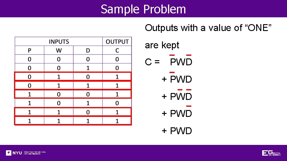 Sample Problem Outputs with a value of “ONE” are kept C= PWD + PWD