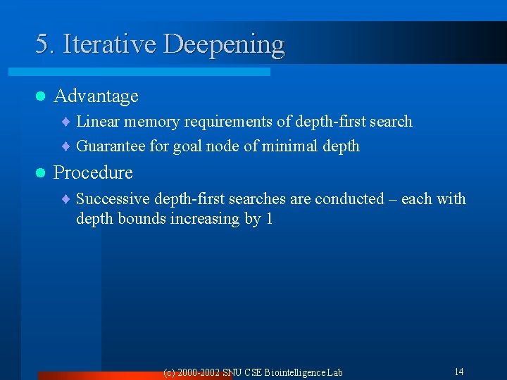 5. Iterative Deepening l Advantage ¨ Linear memory requirements of depth-first search ¨ Guarantee