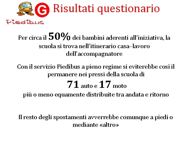 Risultati questionario 50% Per circa il dei bambini aderenti all’iniziativa, la scuola si trova