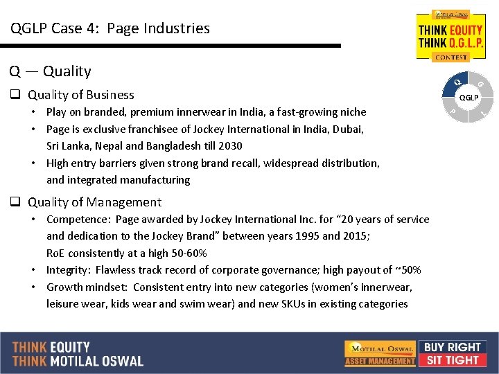 QGLP Case 4: Page Industries Q — Quality q Quality of Business q Quality