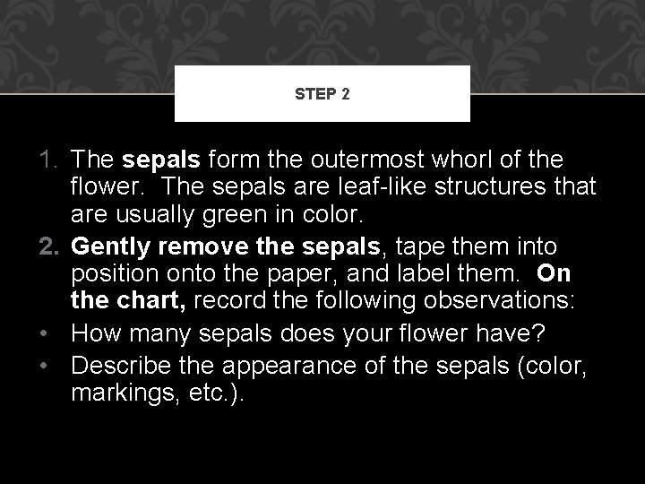 STEP 2 1. The sepals form the outermost whorl of the flower. The sepals