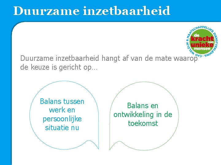 Duurzame inzetbaarheid hangt af van de mate waarop de keuze is gericht op… Balans