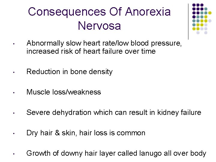 Consequences Of Anorexia Nervosa • Abnormally slow heart rate/low blood pressure, increased risk of