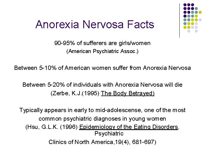 Anorexia Nervosa Facts 90 -95% of sufferers are girls/women (American Psychiatric Assoc. ) Between