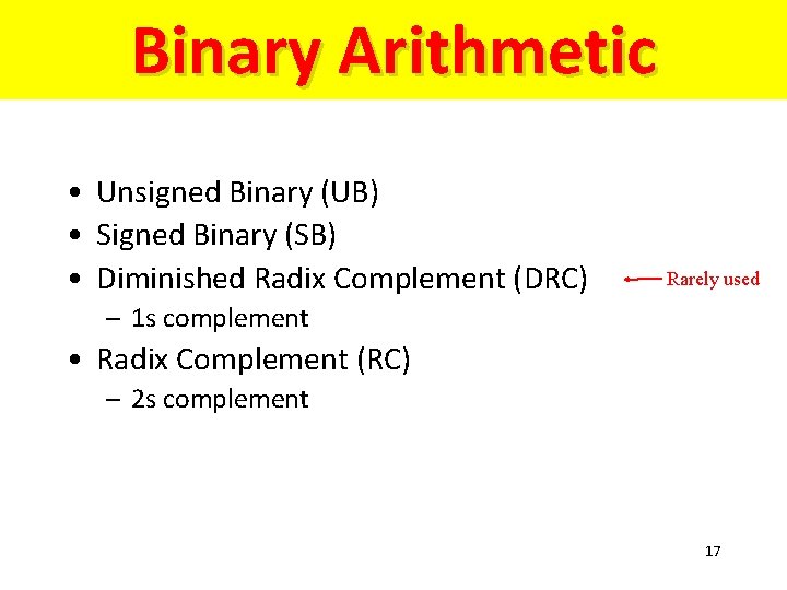 Binary Arithmetic • Unsigned Binary (UB) • Signed Binary (SB) • Diminished Radix Complement