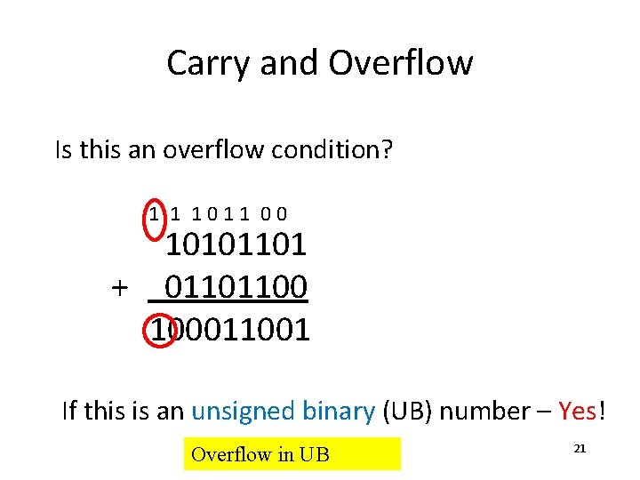 Carry and Overflow Is this an overflow condition? 1 1 1011 00 10101101 +