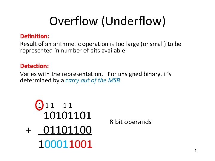 Overflow (Underflow) Definition: Result of an arithmetic operation is too large (or small) to
