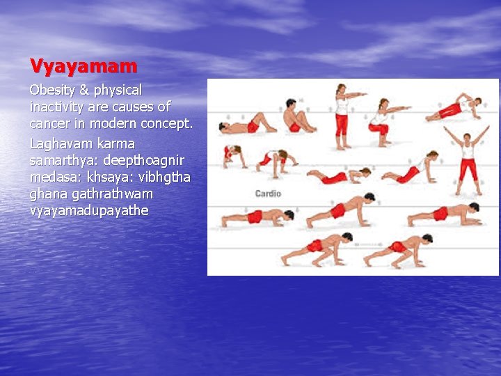 Vyayamam Obesity & physical inactivity are causes of cancer in modern concept. Laghavam karma