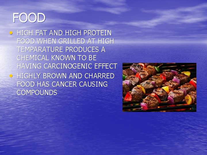 FOOD • HIGH FAT AND HIGH PROTEIN • FOOD WHEN GRILLED AT HIGH TEMPARATURE