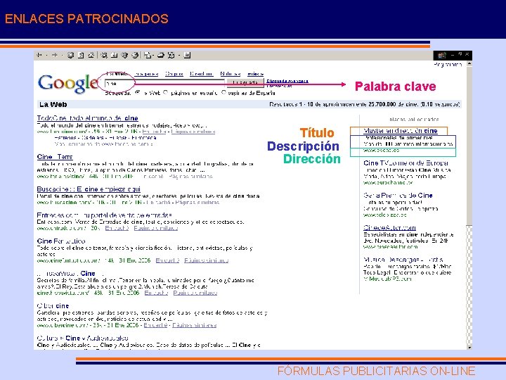 ENLACES PATROCINADOS Palabra clave Título Descripción Dirección FÓRMULAS PUBLICITARIAS ON-LINE 