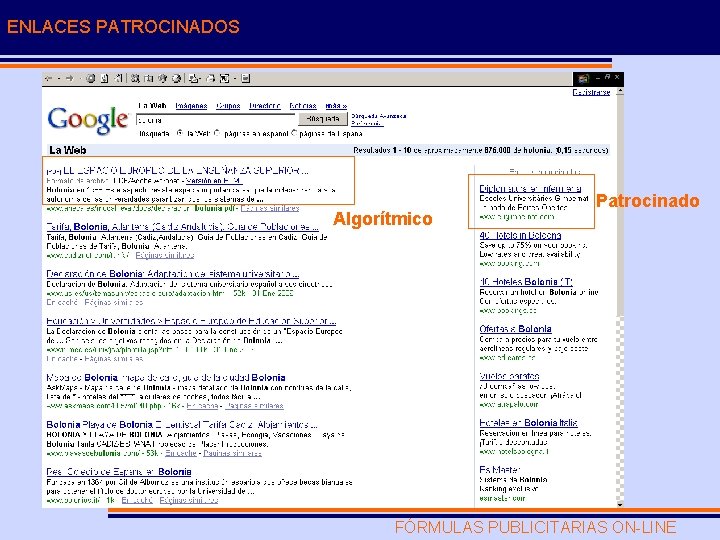 ENLACES PATROCINADOS Algorítmico Patrocinado FÓRMULAS PUBLICITARIAS ON-LINE 