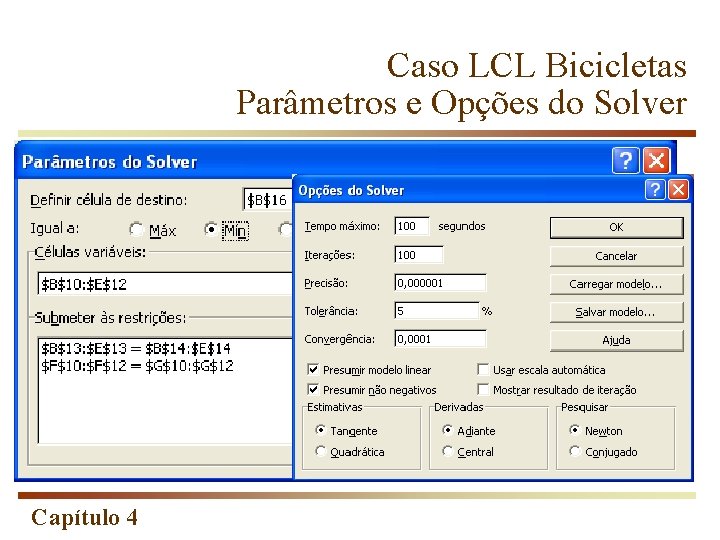 Caso LCL Bicicletas Parâmetros e Opções do Solver Capítulo 4 