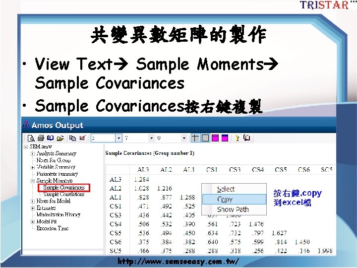 共變異數矩陣的製作 • View Text Sample Moments Sample Covariances • Sample Covariances按右鍵複製 http: //www. semsoeasy.