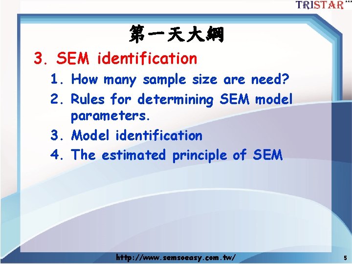 第一天大綱 3. SEM identification 1. How many sample size are need? 2. Rules for