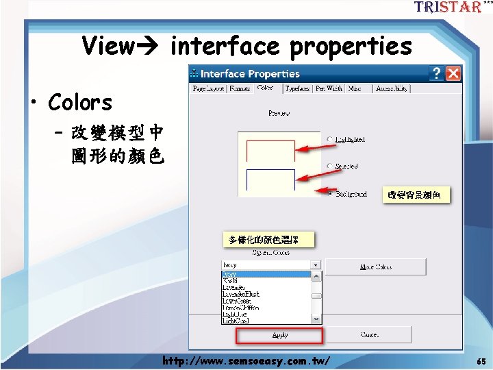 View interface properties • Colors – 改變模型中 圖形的顏色 http: //www. semsoeasy. com. tw/ 65