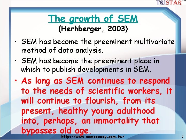 The growth of SEM (Herhberger, 2003) • SEM has become the preeminent multivariate method