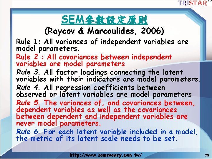 SEM參數設定原則 (Raycov & Marcoulides, 2006) Rule 1: All variances of independent variables are model
