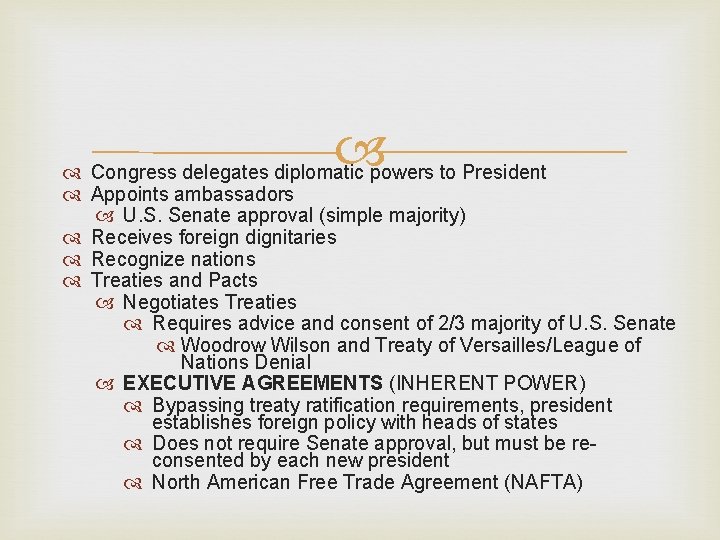  Congress delegates diplomatic powers to President Appoints ambassadors U. S. Senate approval (simple