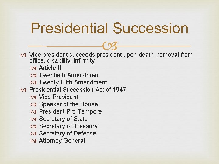 Presidential Succession Vice president succeeds president upon death, removal from office, disability, infirmity Article