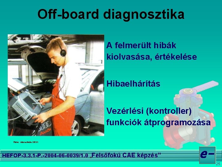 Off-board diagnosztika A felmerült hibák kiolvasása, értékelése Hibaelhárítás Vezérlési (kontroller) funkciók átprogramozása Forrás: Autotechnika