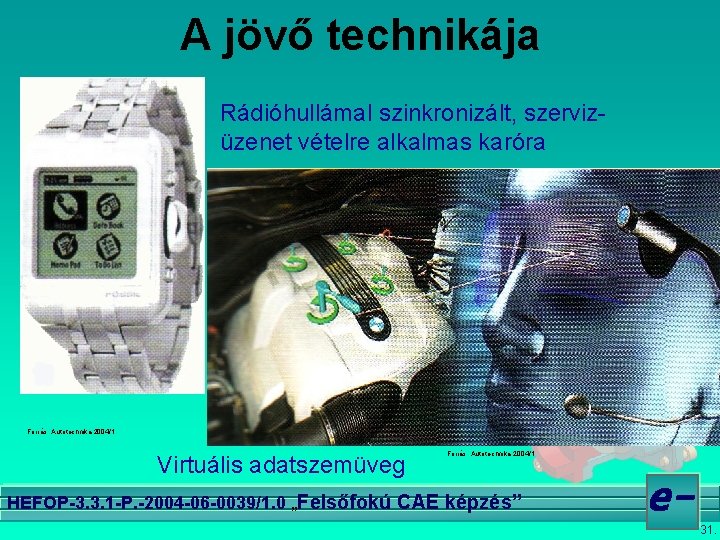 A jövő technikája Rádióhullámal szinkronizált, szervizüzenet vételre alkalmas karóra Forrás: Autotechnika 2004/1 Virtuális adatszemüveg