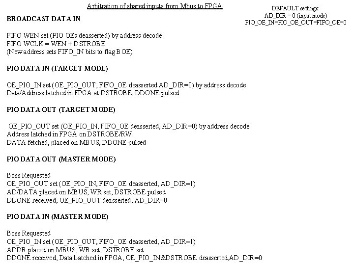 Arbitration of shared inputs from Mbus to FPGA BROADCAST DATA IN DEFAULT settings: AD_DIR