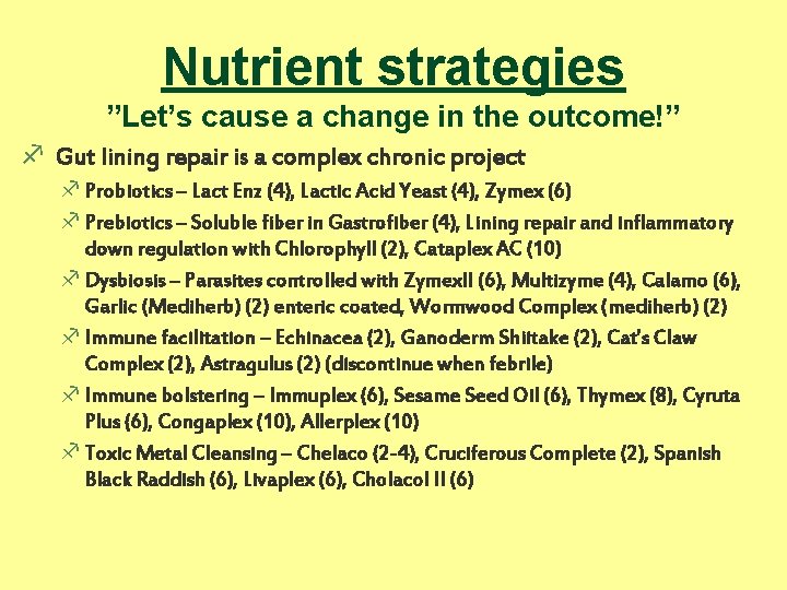 Nutrient strategies ”Let’s cause a change in the outcome!” f Gut lining repair is