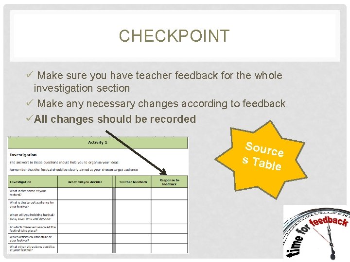CHECKPOINT ü Make sure you have teacher feedback for the whole investigation section ü