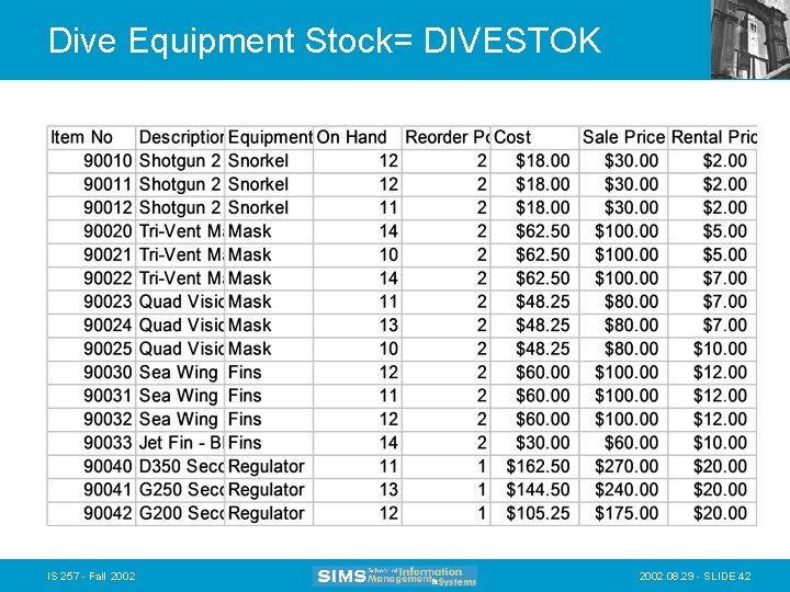 Dive Equipment Stock= DIVESTOK IS 257 - Fall 2002. 08. 29 - SLIDE 42