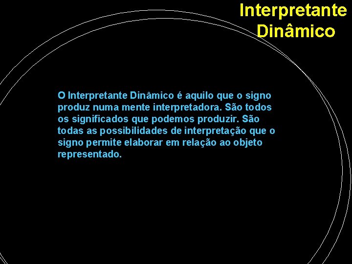 Interpretante Dinâmico O Interpretante Dinâmico é aquilo que o signo produz numa mente interpretadora. Interpretante Dinâmico O Interpretante Dinâmico é aquilo que o signo produz numa mente interpretadora.