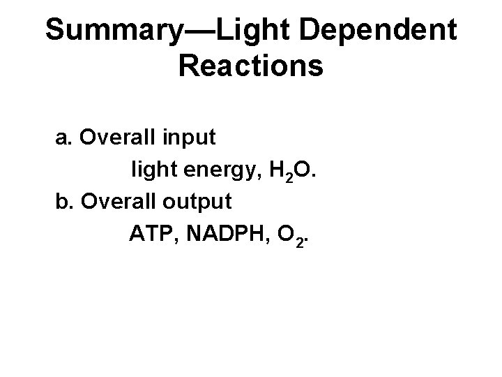 Summary—Light Dependent Reactions a. Overall input light energy, H 2 O. b. Overall output