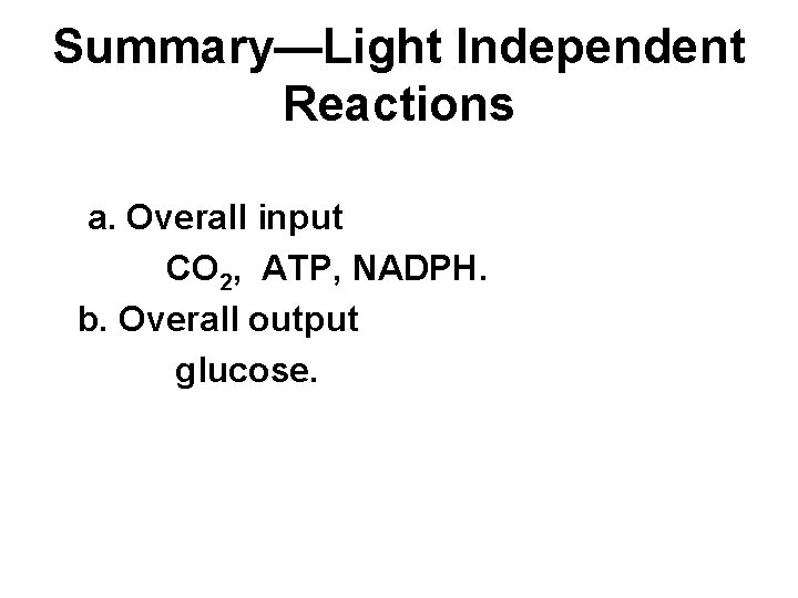 Summary—Light Independent Reactions a. Overall input CO 2, ATP, NADPH. b. Overall output glucose.