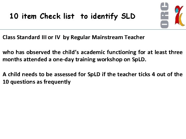 10 item Check list to identify SLD Class Standard III or IV by Regular