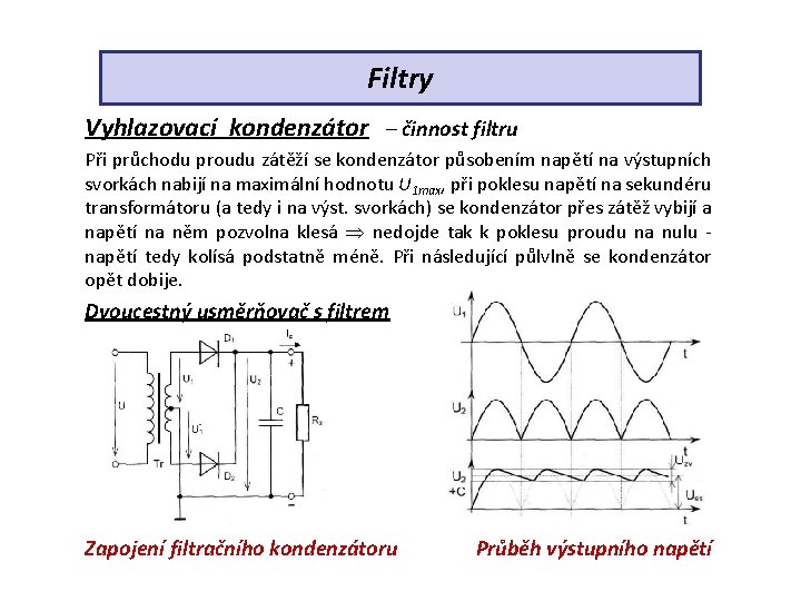 Filtry Vyhlazovací kondenzátor – činnost filtru Při průchodu proudu zátěží se kondenzátor působením napětí