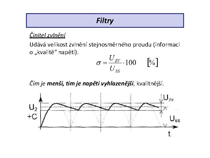 Filtry Činitel zvlnění Udává velikost zvlnění stejnosměrného proudu (informaci o „kvalitě“ napětí). Čím je