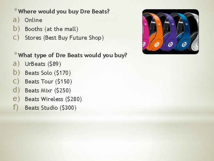 * Where would you buy Dre Beats? a) Online b) Booths (at the mall)